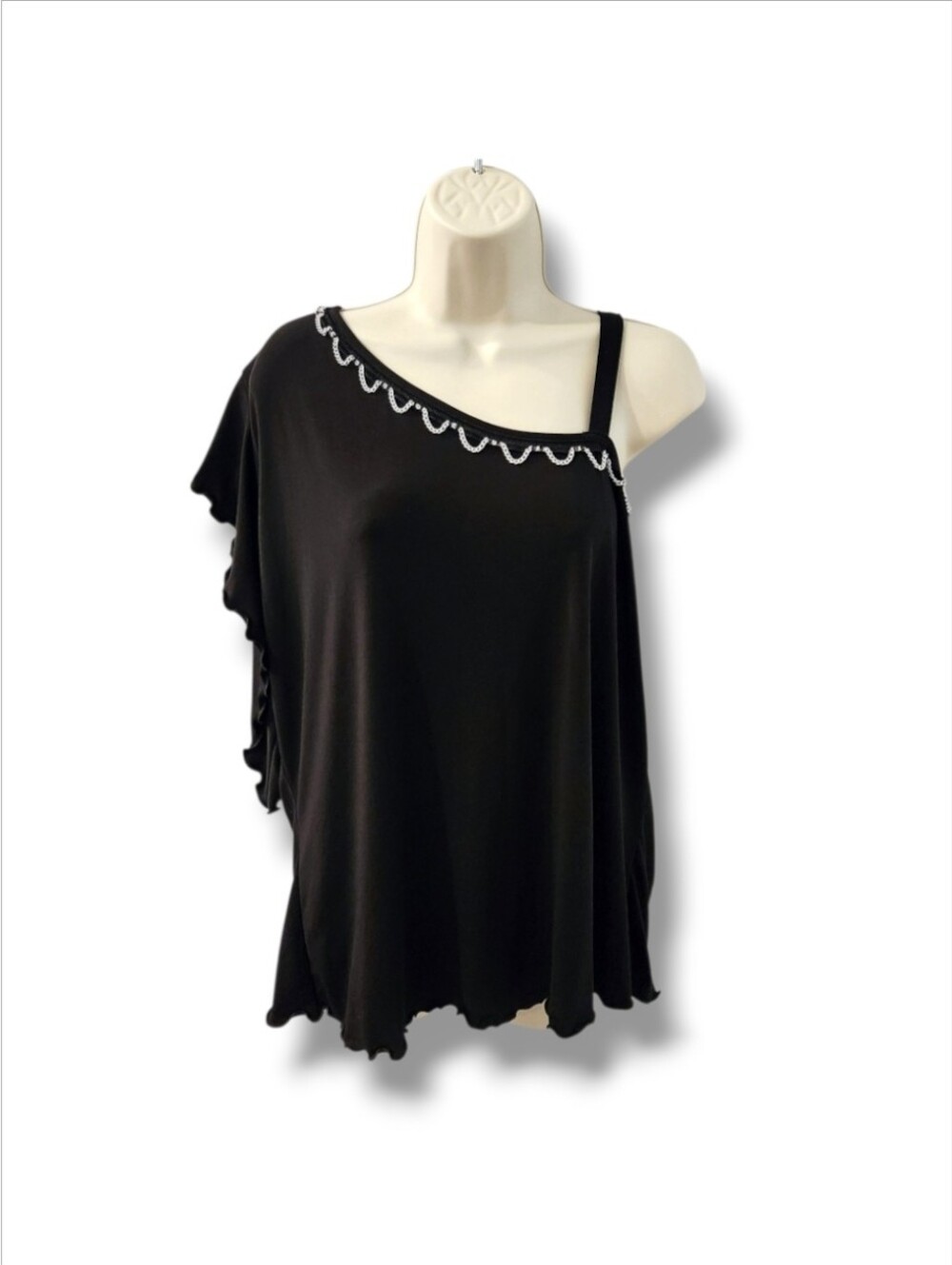 MKM Asymetric One Shoulder Blouse w/Silver Chain Accent | 2X